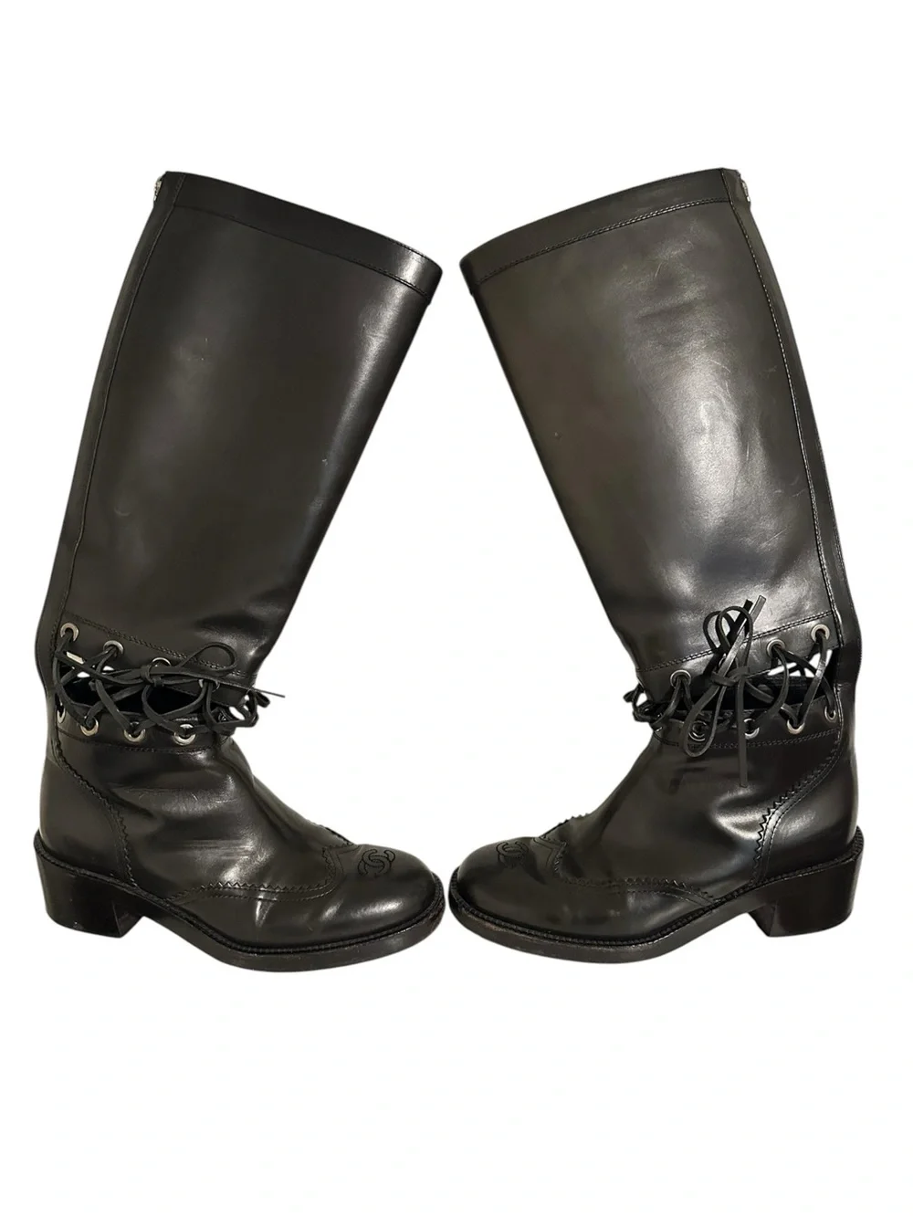 CHANEL KARL LAGERFELD Fall 2016 Runway Black Corset CC Riding Boots 38.5
